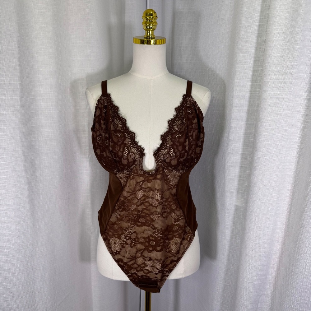 Shapellx Lace Shapewear Bodysuit Women 3XL Brown Floral Compression Thong V-Neck